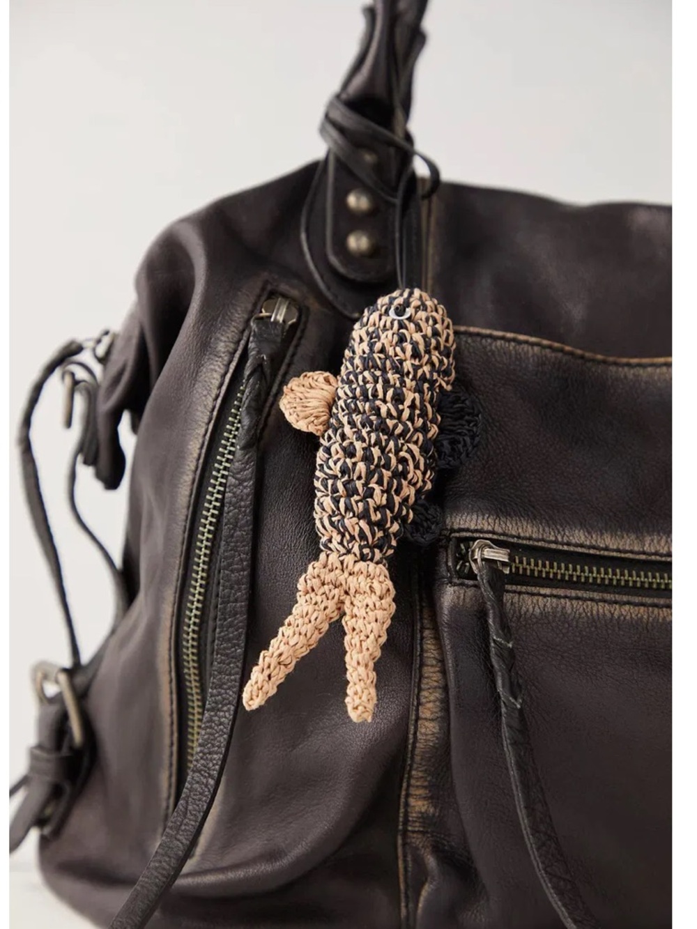 Free People Raffia Fish Bag Charm Black Tan Crochet Purse Tag Boho Coastal